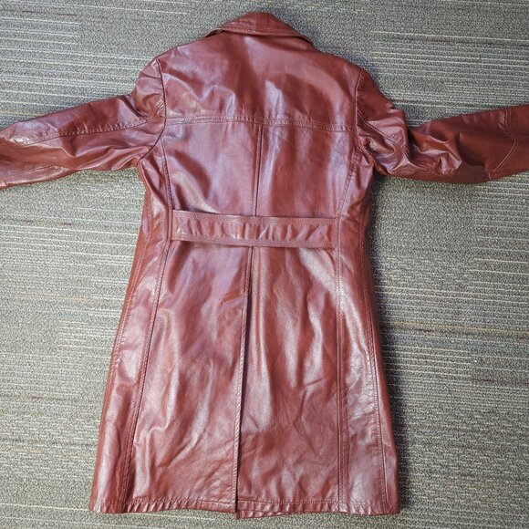 Vintage 70s Mens Sears Long Leather Red Coat Winter Lining (L-40) - Picture 9 of 12